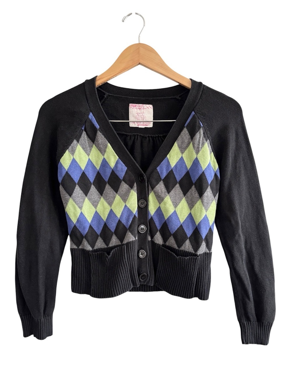 Y2K Argyle V-Neck Cardigan Sweater with Blue & Green Diamonds